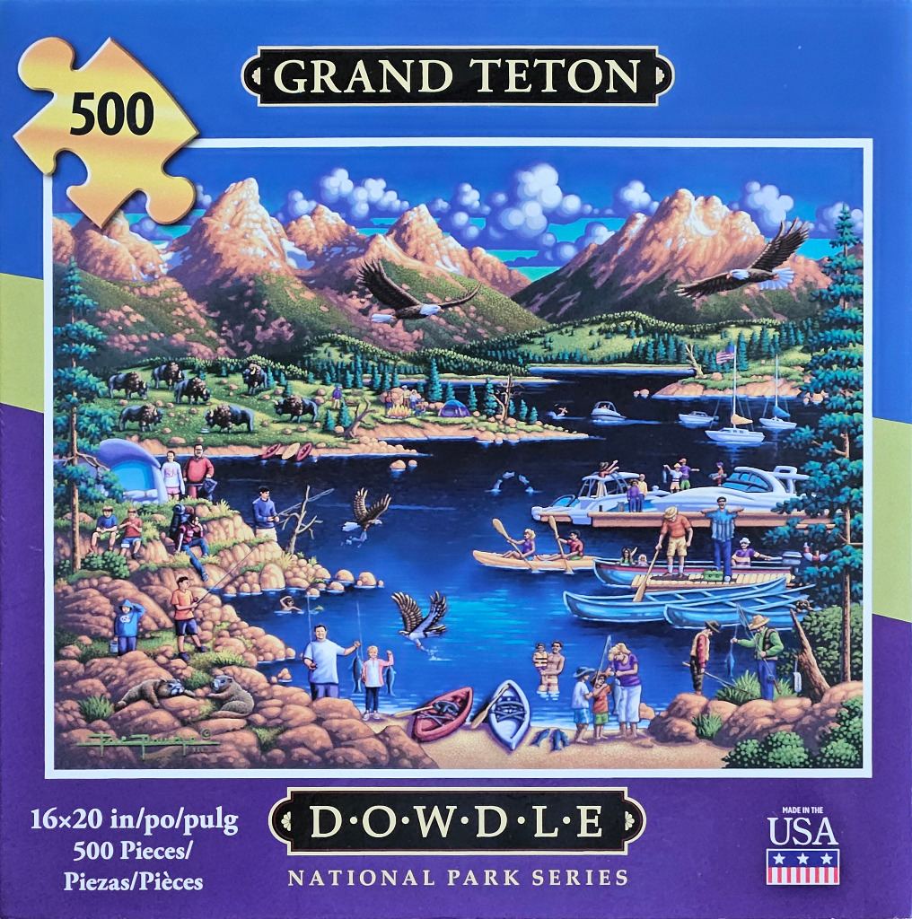 A whimsical folk-art style illustration of Grand Teton National Park featuring mountains, a lake, and recreational activities