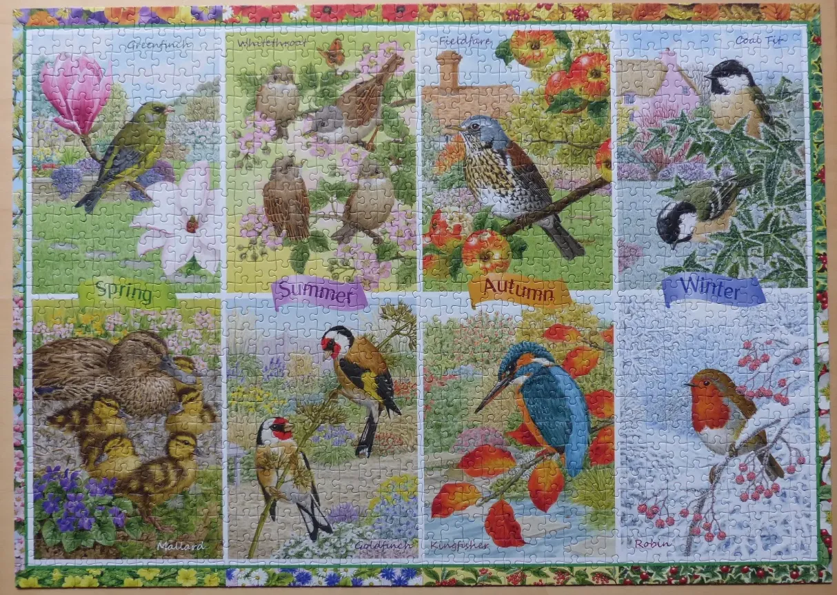 A collage of eight panels depicting various birds and seasonal themes with floral borders.