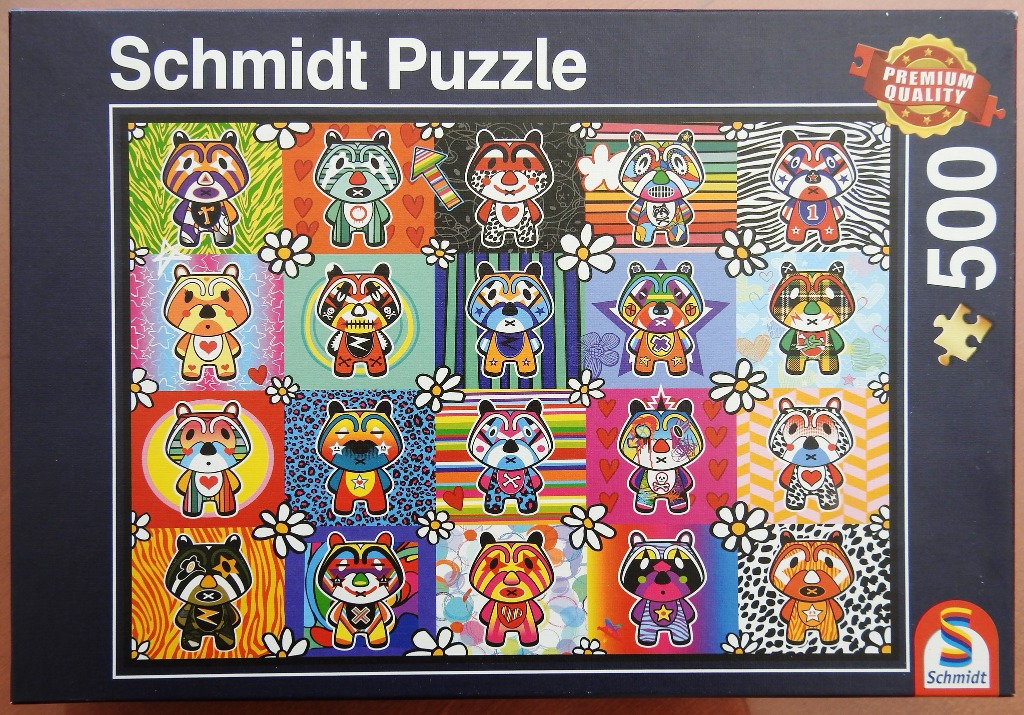 A collage of 20 unique, cartoon-style raccoon characters set against various vibrant, patterned backgrounds.