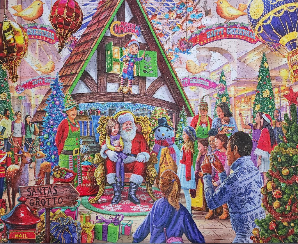 A busy, colourful illustration of Santa Claus in his grotto surrounded by festive decorations and excited children.