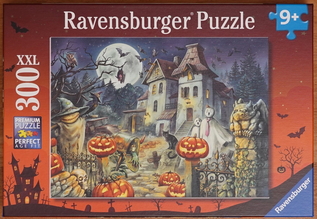 Spooky Halloween illustration featuring a haunted house, ghosts, jack-o'-lanterns, and a full moon.