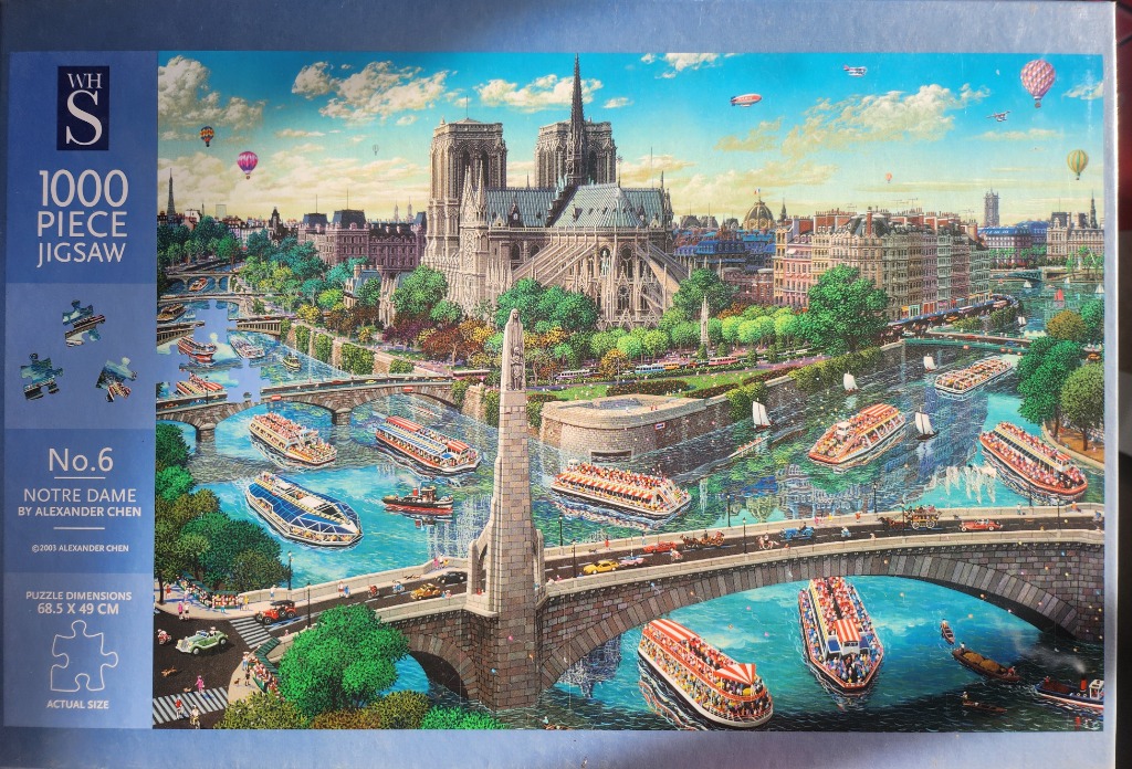 Painting of Notre Dame Cathedral and the Seine River in Paris with many tour boats and hot air balloons.