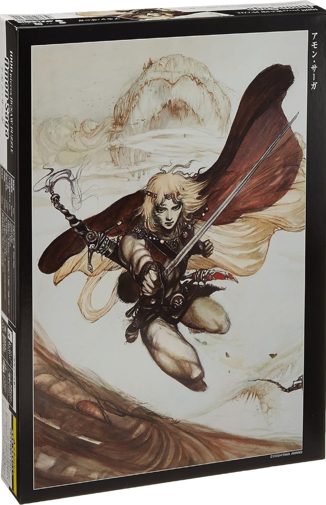 A fantasy illustration of a blonde warrior in mid-leap holding a sword against a pale, ethereal background.