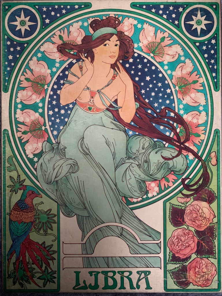 Art Nouveau illustration of the Libra zodiac sign featuring a woman, flowers, and a bird in teal and pink tones.