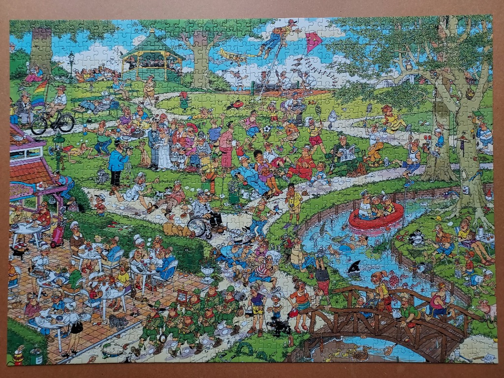 Cartoon illustration of a busy, vibrant park scene filled with many diverse characters enjoying outdoor activities.