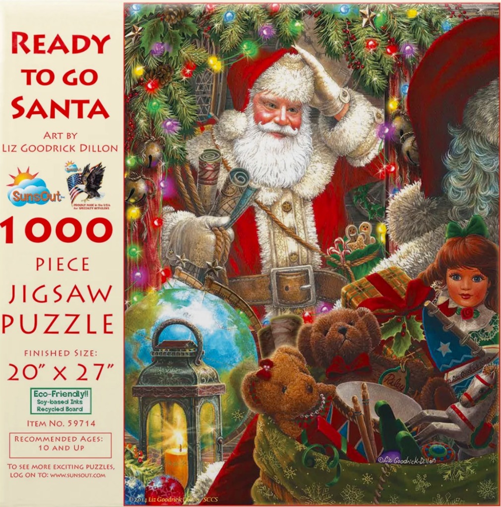Santa Claus preparing for Christmas Eve surrounded by toys and a glowing lantern.