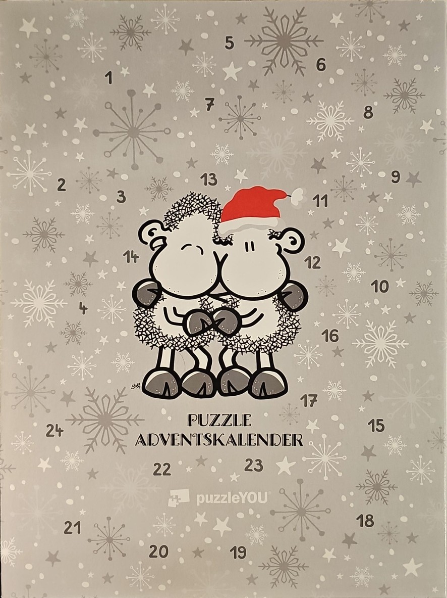 Cartoon illustration of two cute sheep hugging on a winter-themed background with numbers 1 through 24.