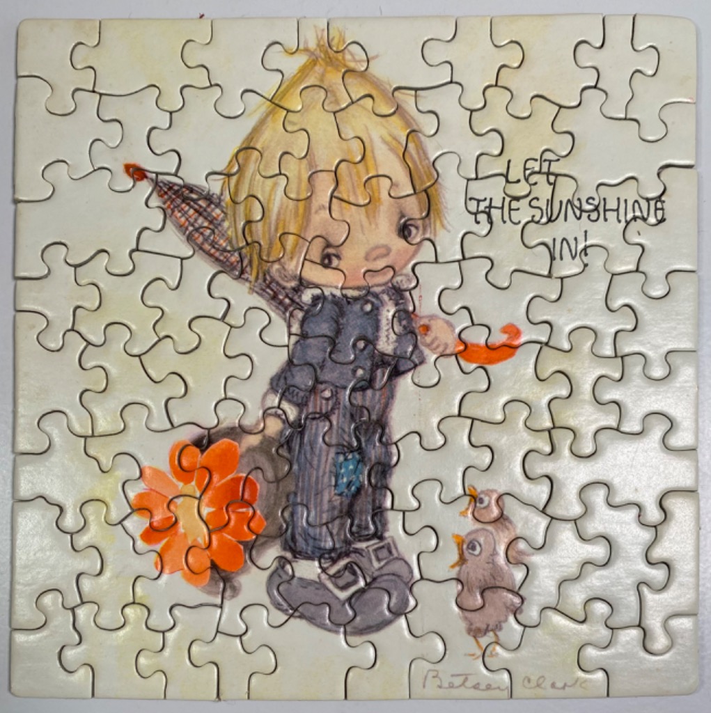 A vintage-style illustration of a child with blonde hair holding an umbrella next to a small bird.