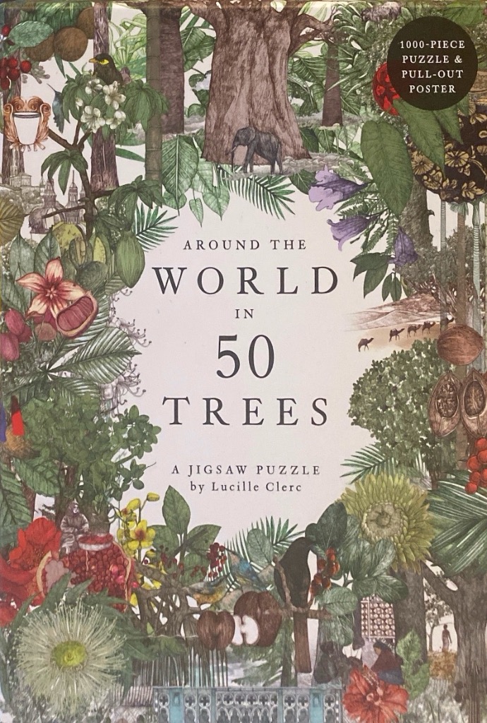 A botanical illustration featuring various trees, tropical plants, and wildlife framing a central white space.