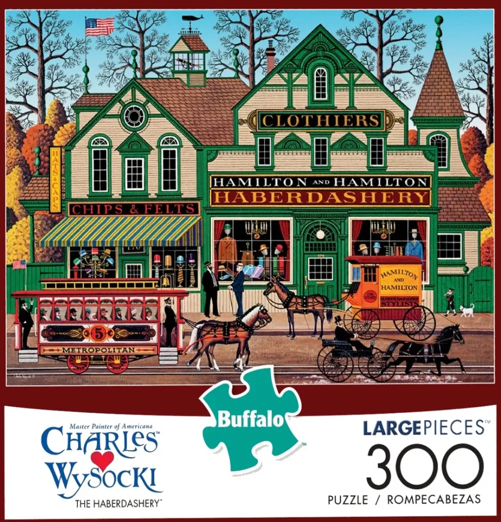 Illustration of a Victorian-era haberdashery store with a horse-drawn streetcar and carriage.
