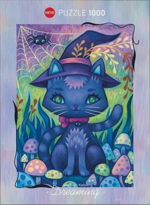 A whimsical illustration of a dark blue cat wearing a witch hat surrounded by colorful mushrooms and a spiderweb.