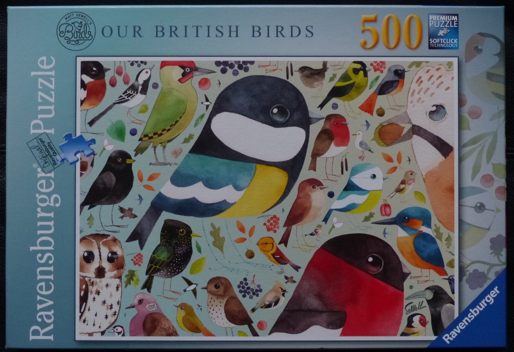Watercolor illustration of various British birds including a great tit, kingfisher, owl, and robin on a light blue background