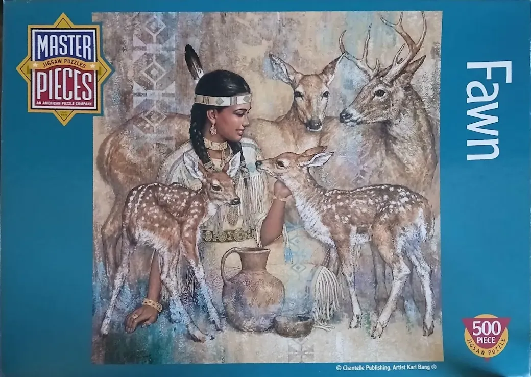 An illustration of an indigenous woman sitting with three deer in a neutral, painterly style.
