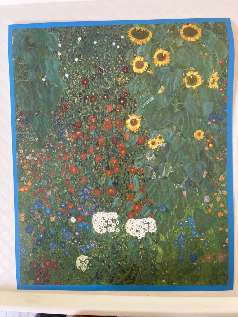 A lush field of wildflowers including sunflowers, poppies, and white clusters, rendered in a textured, painterly style.
