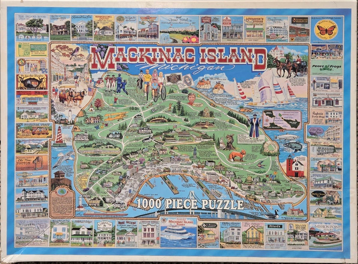 Illustrated pictorial map of Mackinac Island, Michigan, surrounded by small vignettes of local landmarks and buildings.