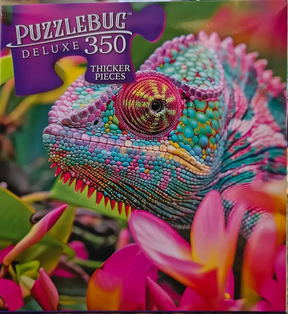 Close-up of a colorful chameleon perched among vibrant pink and yellow tropical flowers.