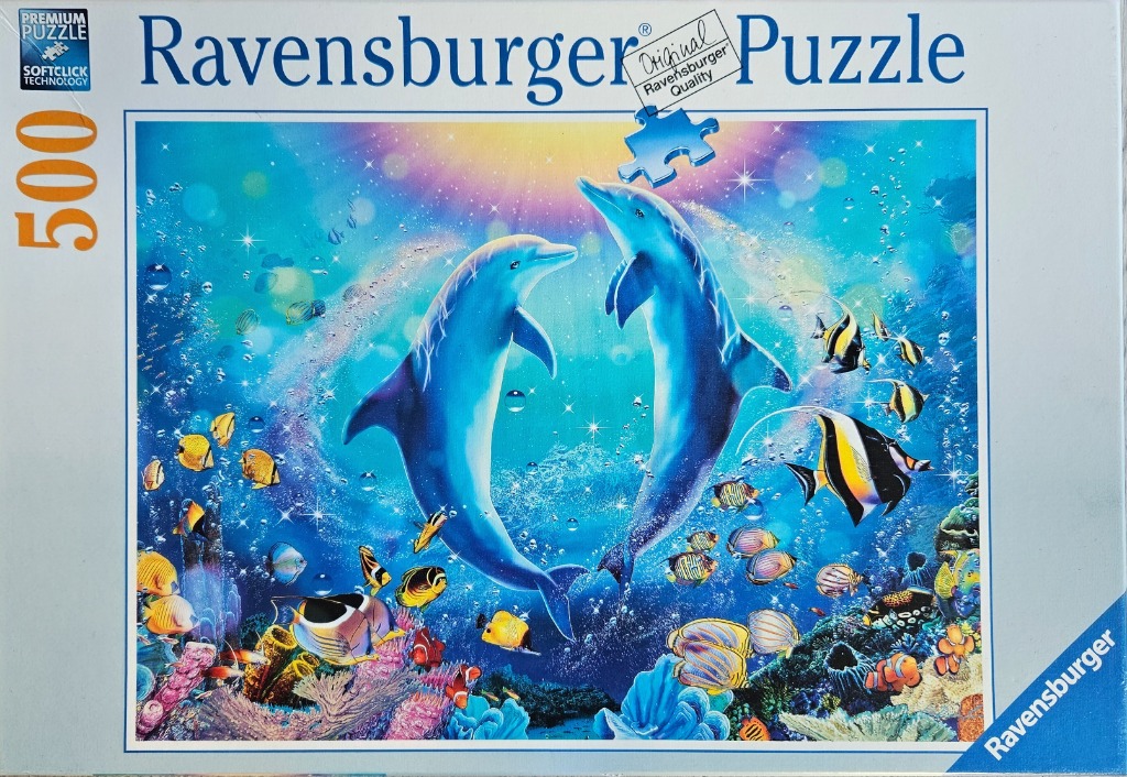 Two dolphins leaping in a sparkling, magical underwater scene filled with vibrant tropical fish and coral.