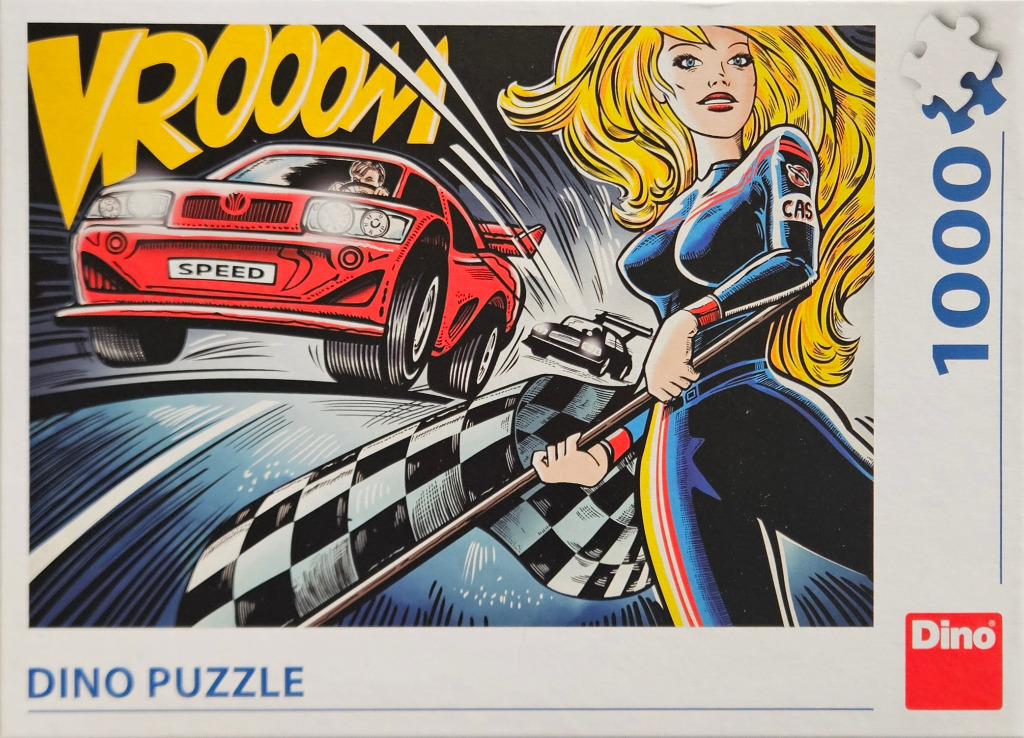 A comic-book style illustration of a blonde woman holding a checkered flag as a red sports car races by.