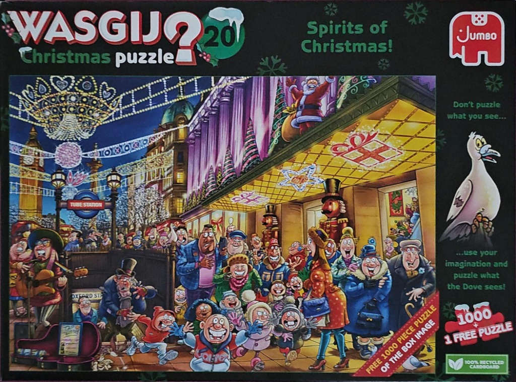 Cartoon illustration of a busy, festive London street scene at night featuring shoppers and holiday decorations.