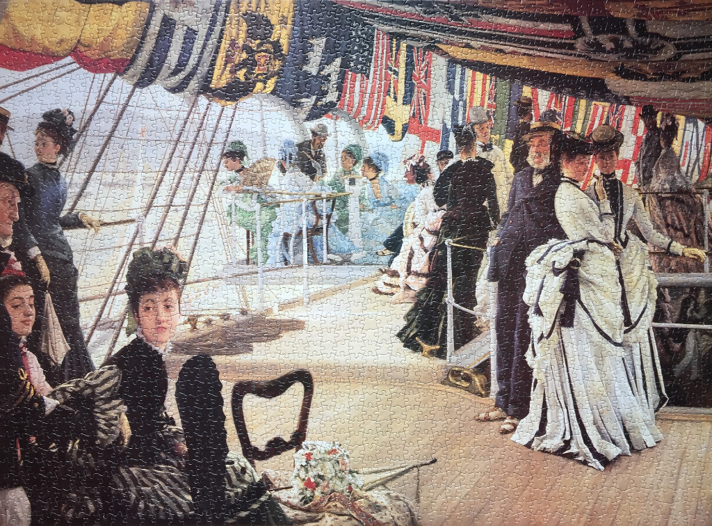 A painting of Victorian-era men and women socializing on the deck of a ship decorated with international flags.
