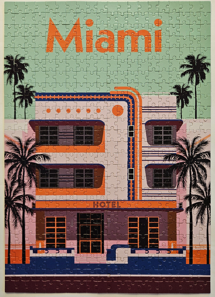 Art Deco style illustration of a Miami hotel with palm trees and retro typography.