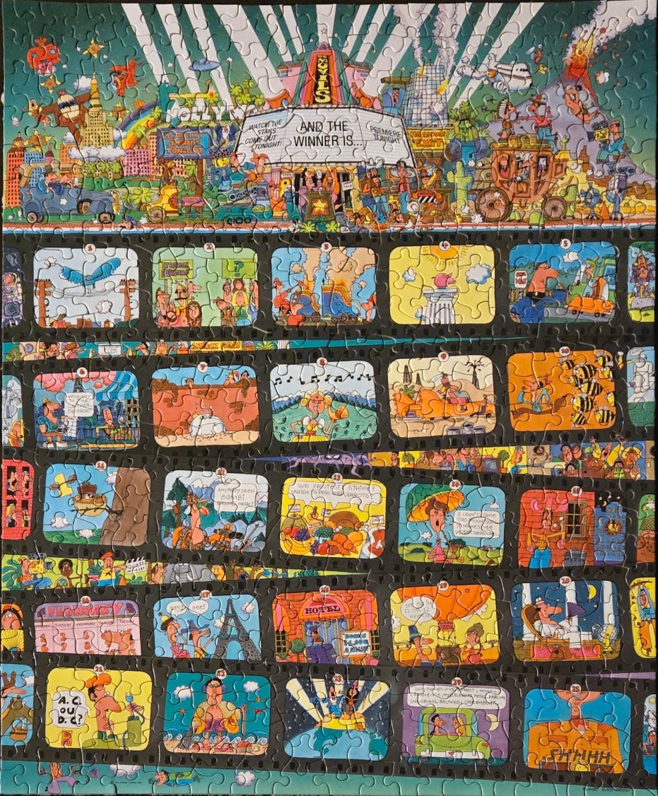A cartoon illustration of a movie theater premiere and a series of numbered film frames featuring humorous scenes.