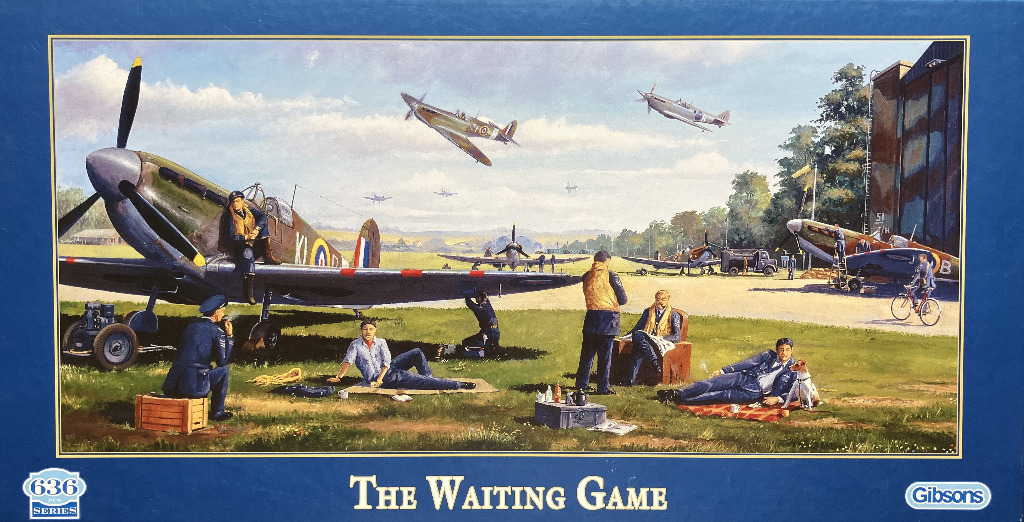 A realistic oil painting of British WWII Spitfire pilots resting on an airfield grass near their aircraft.
