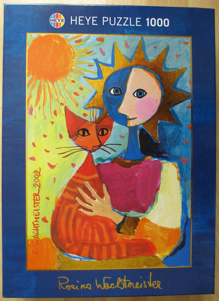 A whimsical illustration of a cat and a stylized person with a sun-shaped head, rendered in bright, flat colors.