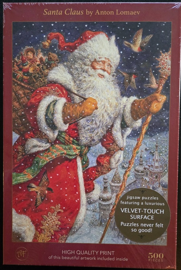 Illustration of Santa Claus walking through falling snow with a sack of toys above a city with onion domes.