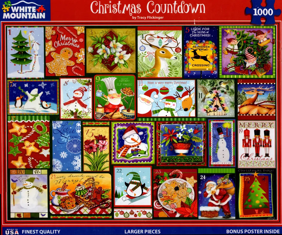 A collage of 25 Christmas-themed illustrations arranged in a grid for a countdown calendar.