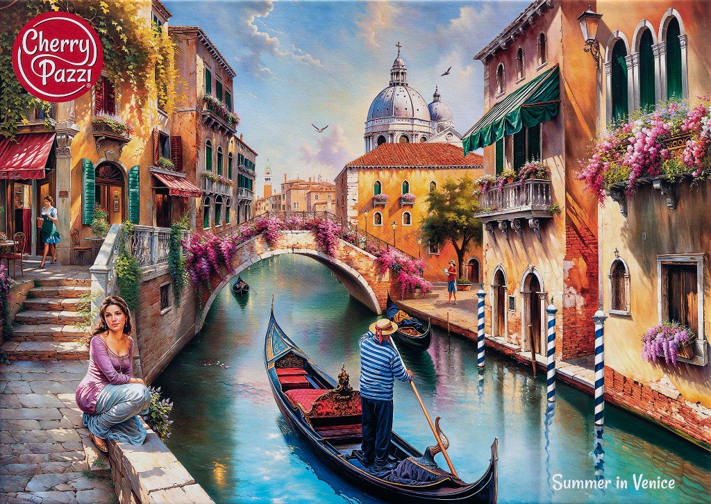 A romantic oil painting of a Venice canal scene with a gondolier, a stone bridge, and blooming flowers.