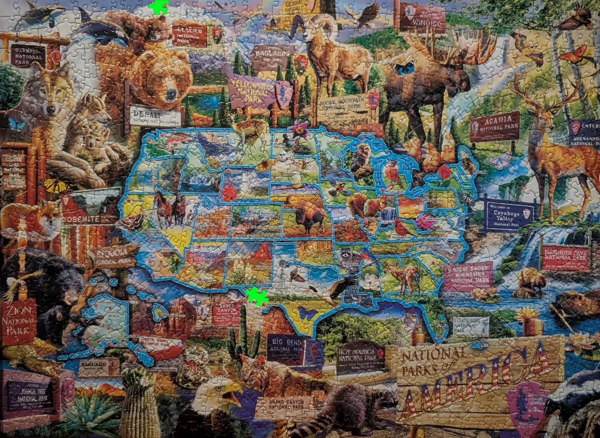 An illustrated map of the United States featuring prominent national parks and native wildlife.