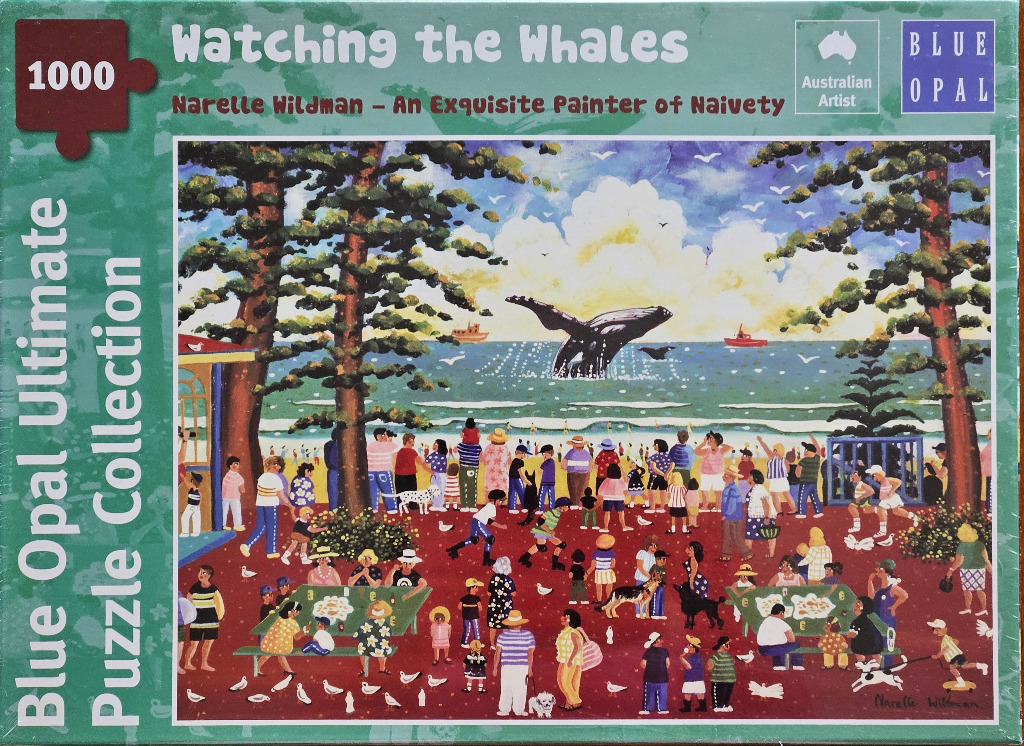 Naïve art style painting of a crowded beach park scene with people watching a whale breach in the ocean.