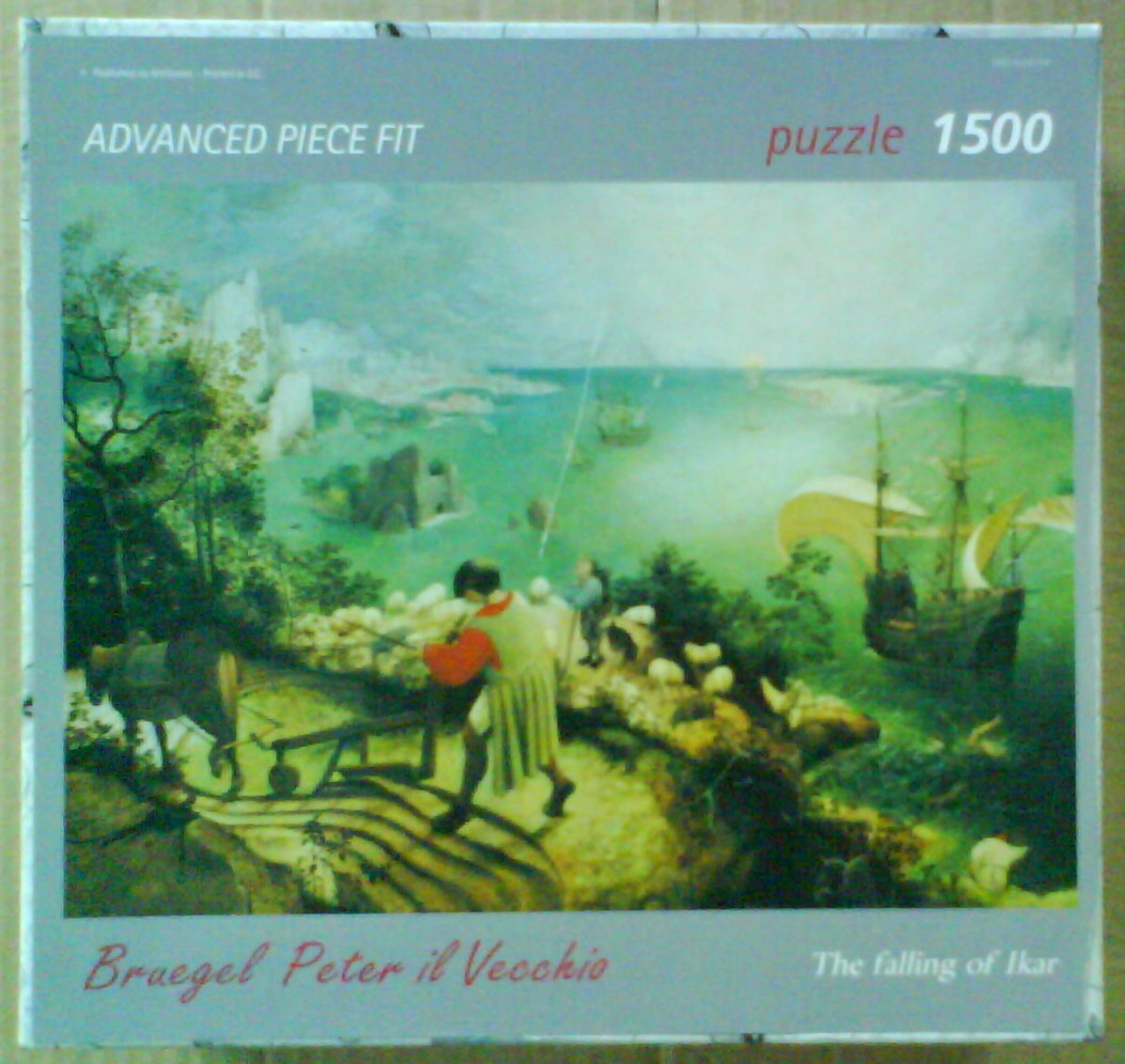 Reproduction of Bruegel's Landscape with the Fall of Icarus featuring a farmer plowing near a coastal scene.