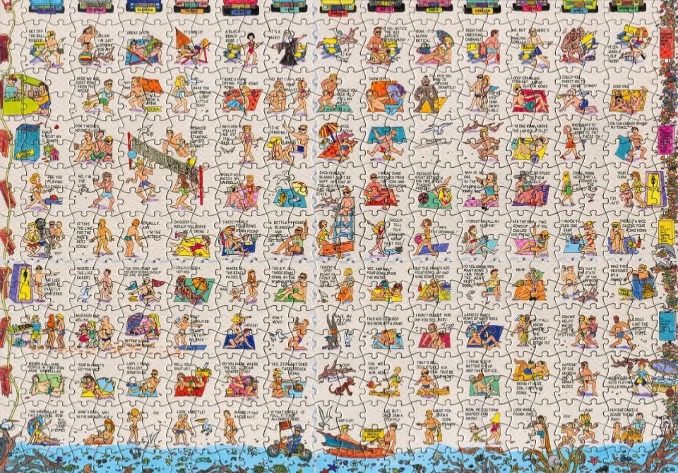 Vintage beach scene with many humorous, dialog-filled vignettes.