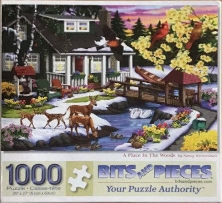 A peaceful forest scene showing a cabin, a small stream, deer, and birds in a transition from winter to spring.
