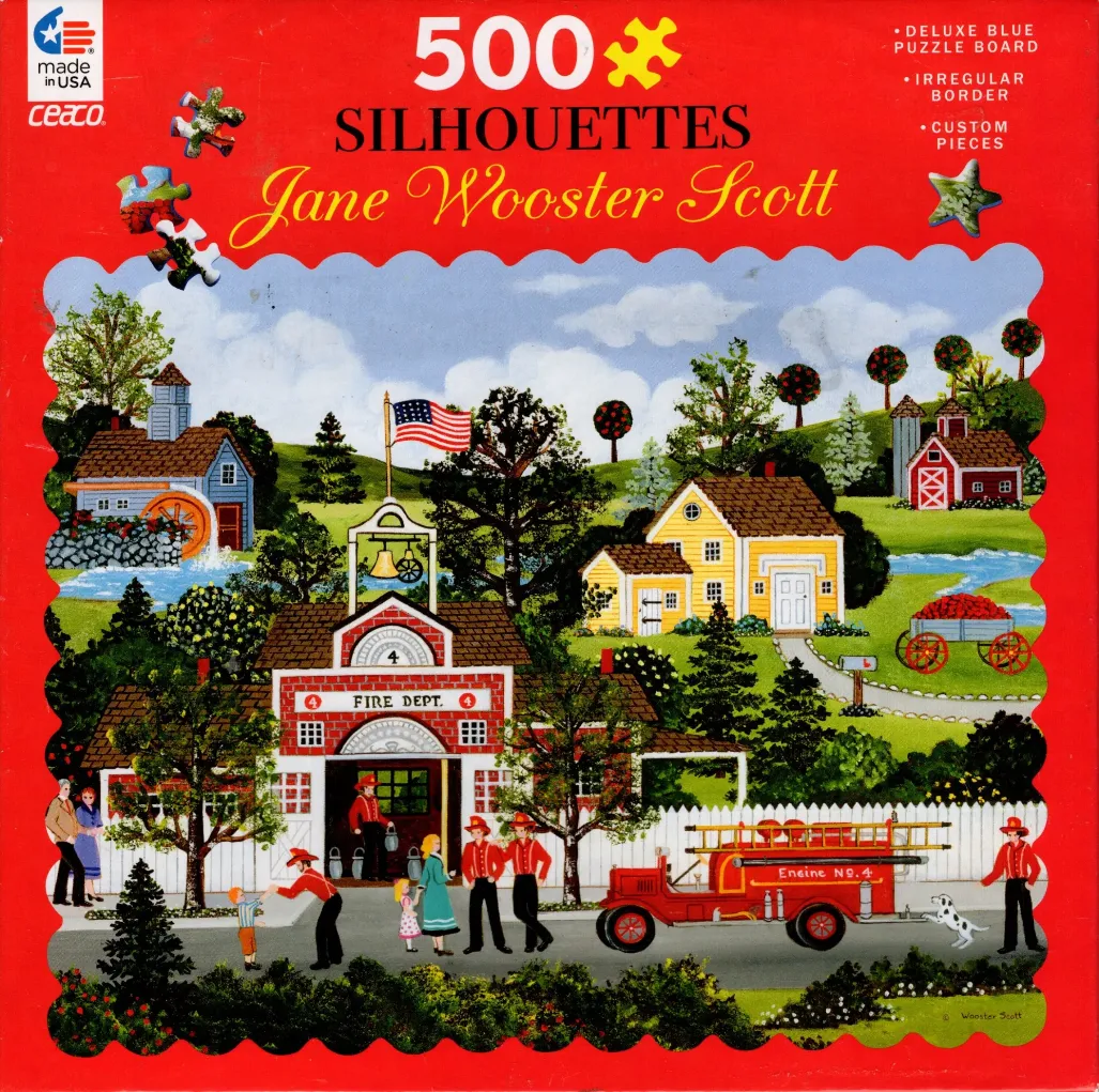 Folk art illustration of a small-town fire station with a red fire truck, houses, and people in a rural landscape.