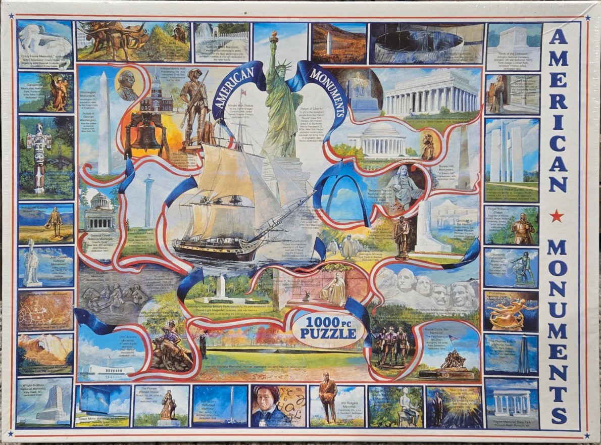 A collage illustration of various American monuments and landmarks featuring the Statue of Liberty and a tall ship.