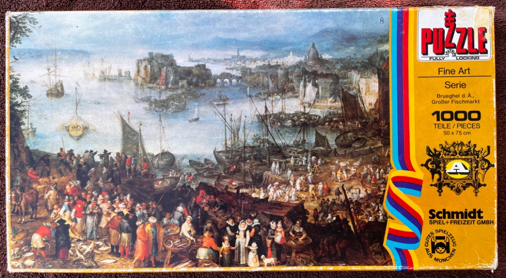 A reproduction of a busy 17th-century European fish market scene by Brueghel the Elder, featuring a harbor and crowds.