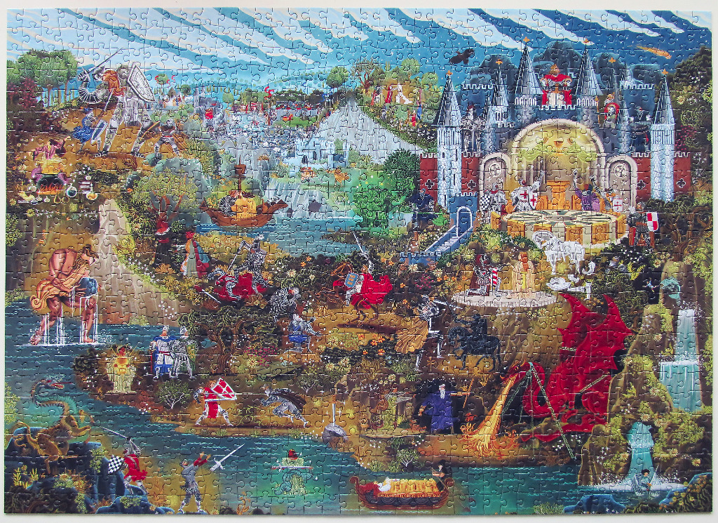 An intricate fantasy illustration of a medieval world featuring castles, knights, dragons, and legendary figures.