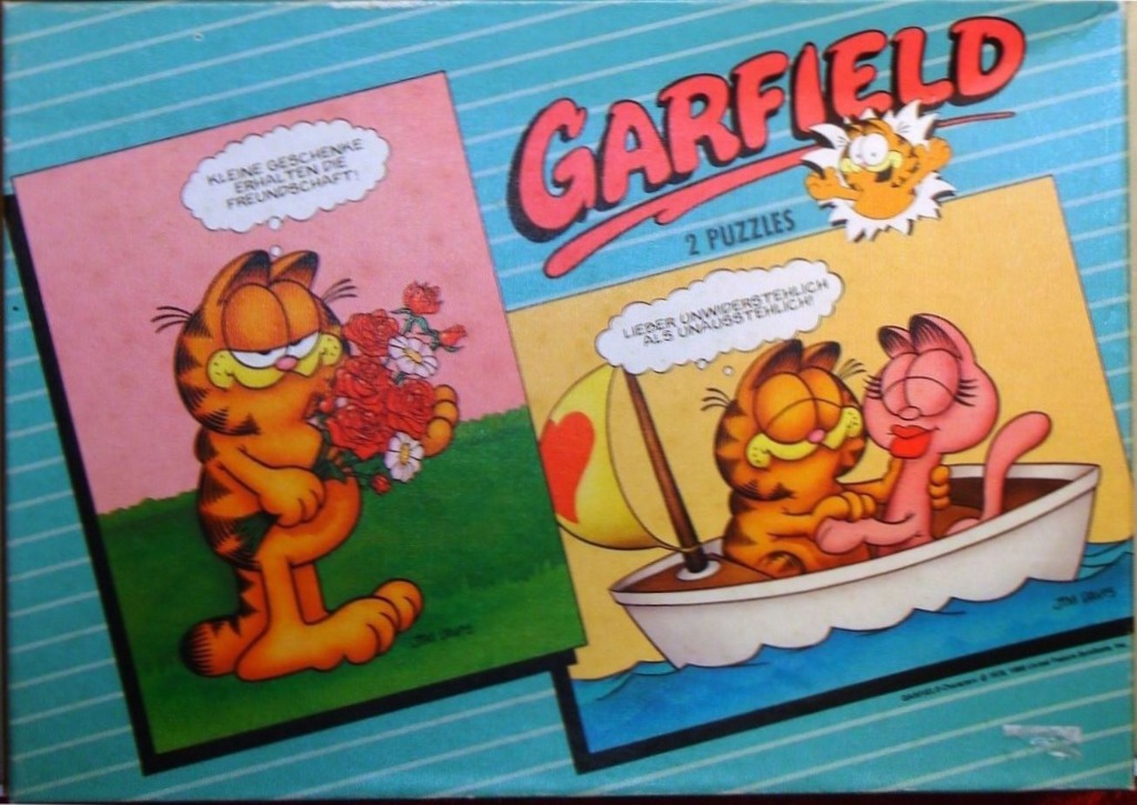 Two comic illustrations of Garfield the cat on a blue background.