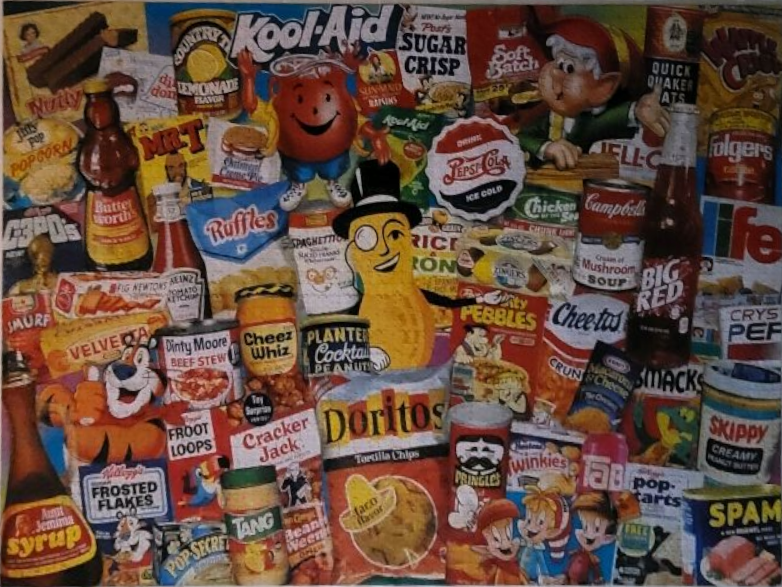 A collage of vintage American food packaging and iconic advertising mascots.