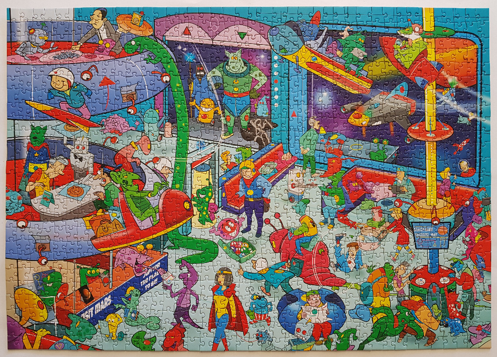 A bustling, busy illustration of a futuristic, colorful space station filled with aliens and humans.