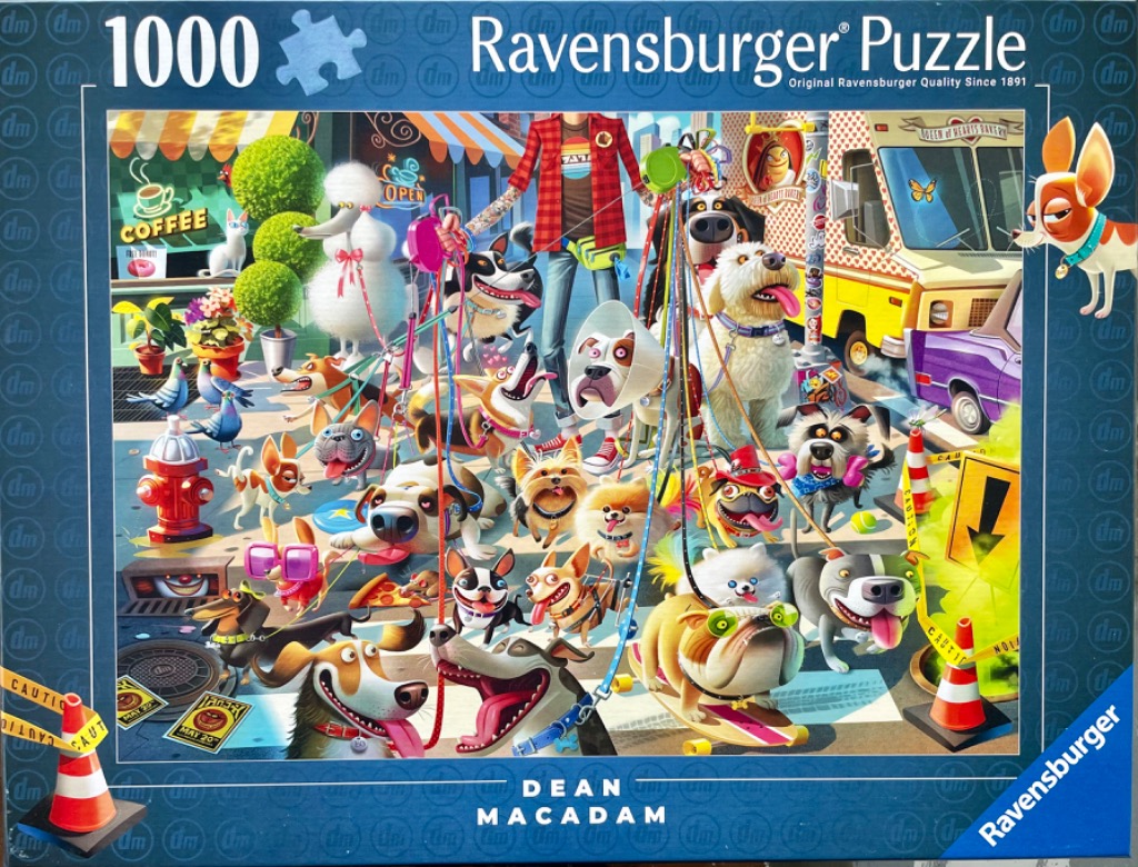 A busy street scene crowded with many cartoon dogs of various breeds, sizes, and expressions.