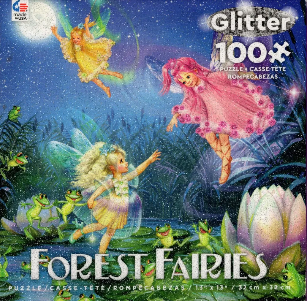 Fantasy illustration of three fairies flying over a pond filled with frogs and large water lilies under a full moon.