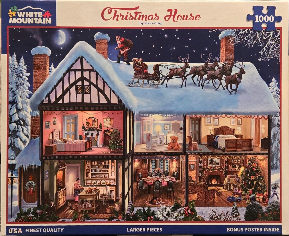 A cutaway illustration of a Tudor-style home decorated for Christmas with Santa and his sleigh on the roof.