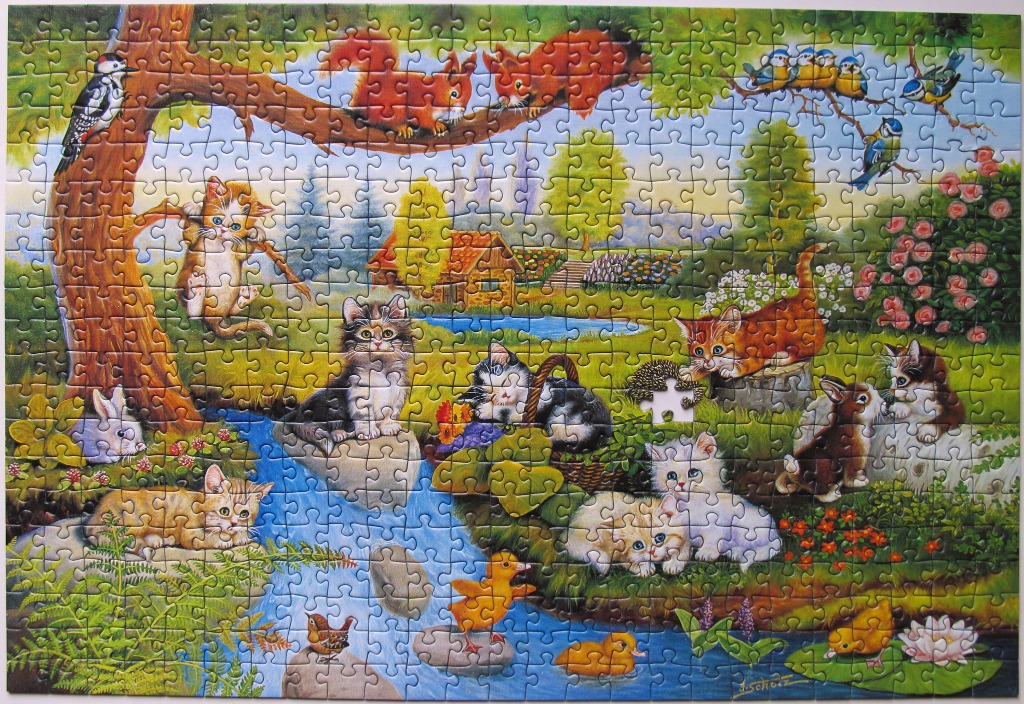 A whimsical garden scene featuring kittens, ducklings, and birds by a stream.