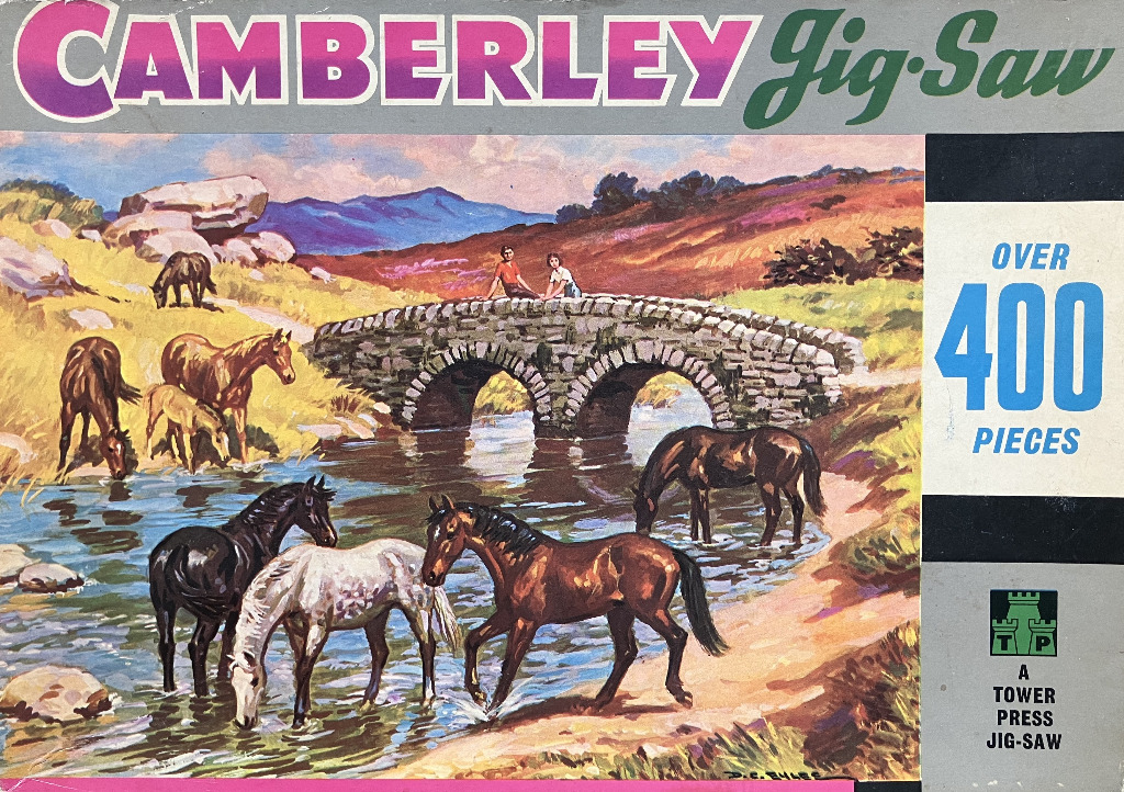 An oil painting illustration of horses drinking in a stream beneath a stone bridge in a rolling, sunlit countryside.