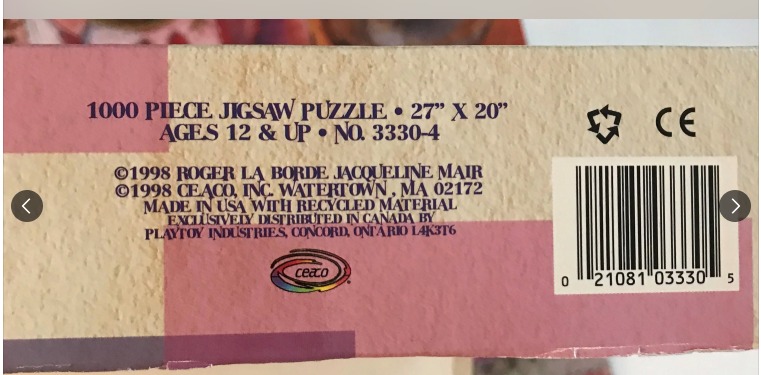 1000 piece puzzle, 27" x 20". Pink & beige art. Barcode and CE mark.