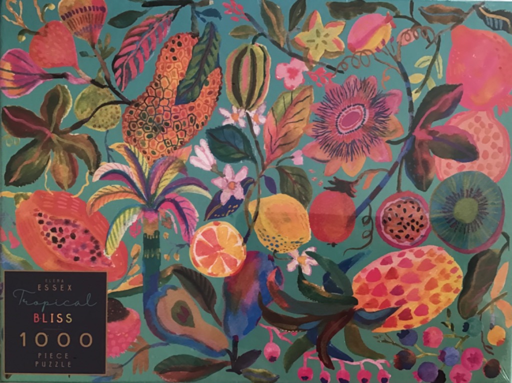 Colorful, stylized tropical fruits and flowers arranged in a pattern on a teal background.